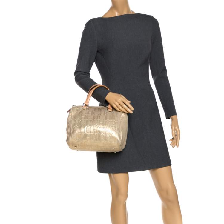 Pre Owned Carolina Herrera Metallic Gold Monogram Leather Andy Boston Bag           