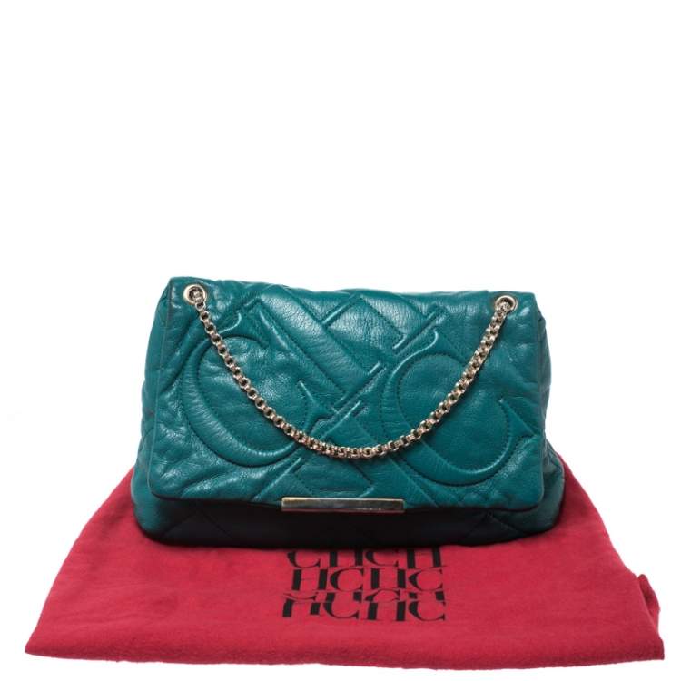 مملوكة مسبقًا Carolina Herrera Green CH Embossed Leather Flap Chain Shoulder Bag