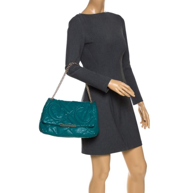 مملوكة مسبقًا Carolina Herrera Green CH Embossed Leather Flap Chain Shoulder Bag