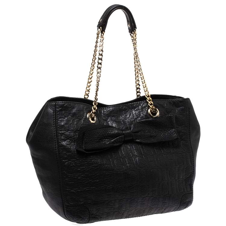 Pre Owned Carolina Herrera Black Monogram Leather Audrey Tote