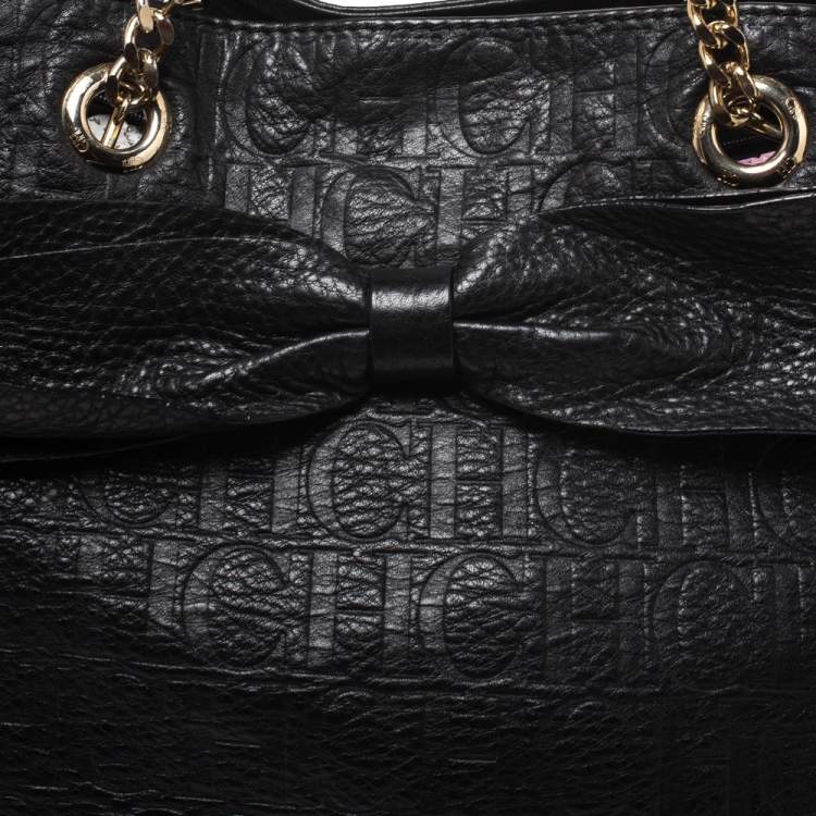 Pre Owned Carolina Herrera Black Monogram Leather Audrey Tote