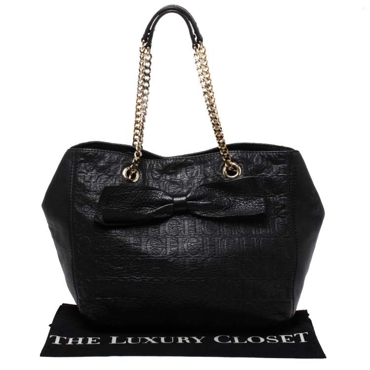 Pre Owned Carolina Herrera Black Monogram Leather Audrey Tote