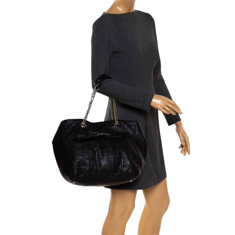 Pre Owned Carolina Herrera Black Monogram Leather Audrey Tote