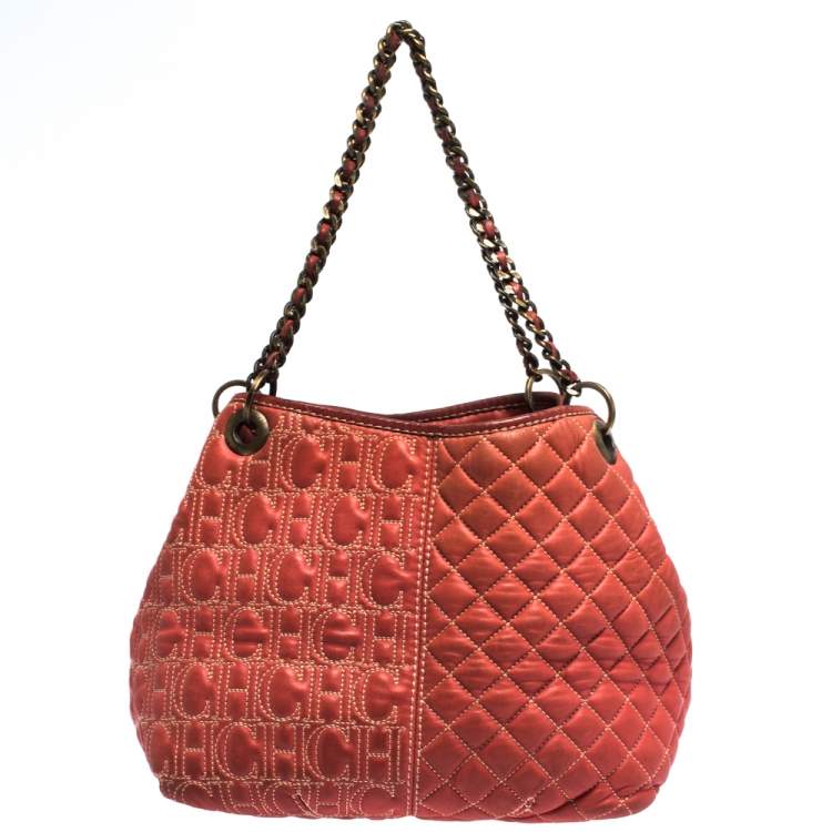 Pre Owned CH Carolina Herrera Orange Leather Chain Handle Tote