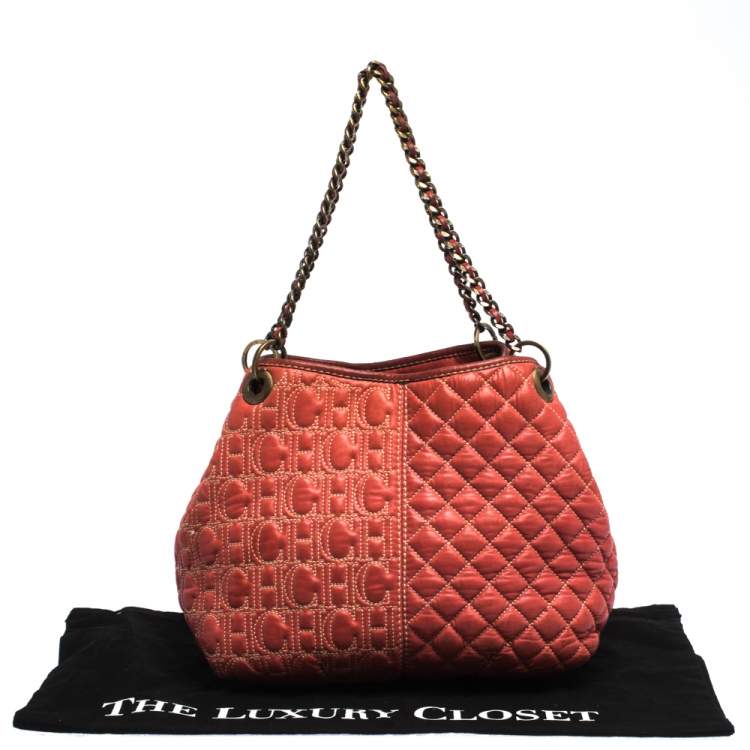 Pre Owned CH Carolina Herrera Orange Leather Chain Handle Tote
