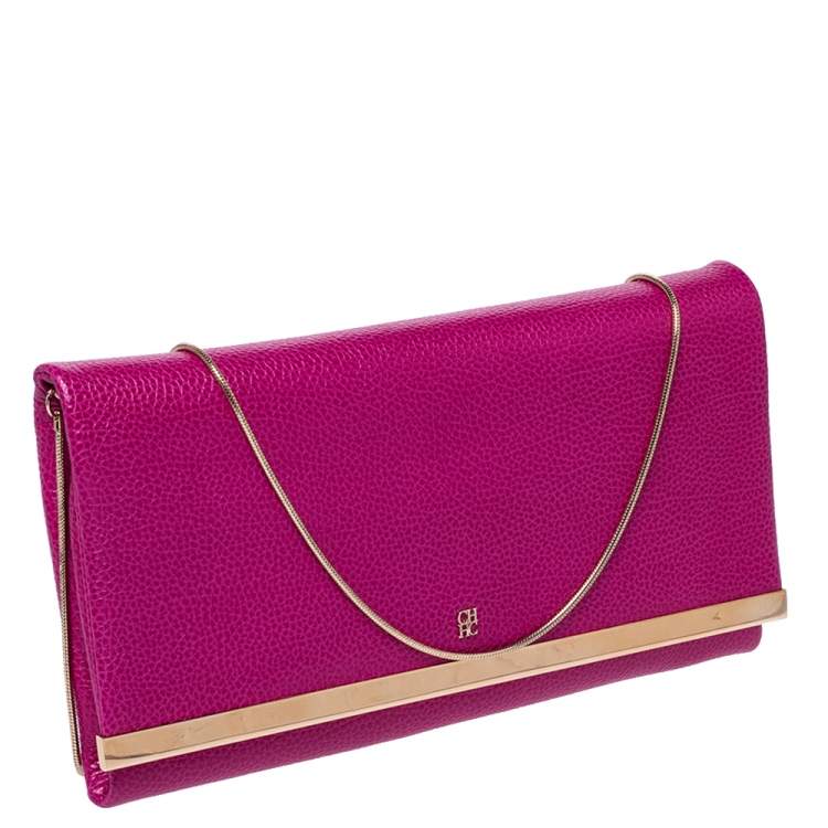 Pre Owned Carolina Herrera Magenta Leather Chain Flap Clutch