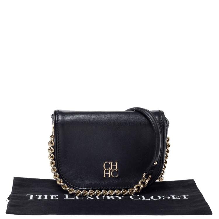 Pre Owned Carolina Herrera Black Leather Flap Crossbody Bag