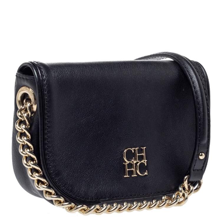 Pre Owned Carolina Herrera Black Leather Flap Crossbody Bag