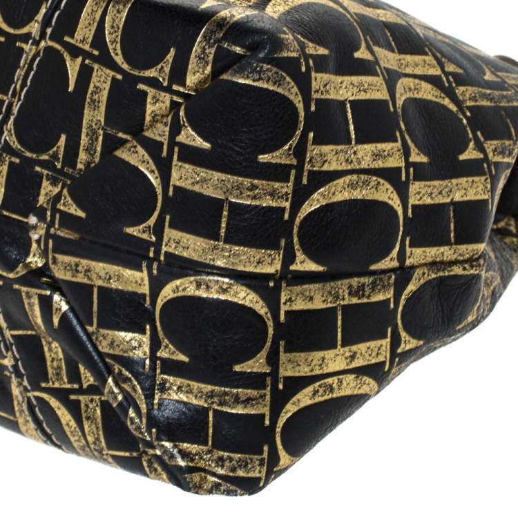 Pre Owned Carolina Herrera Black/Gold Monogram Leather Chain Shoulder Bag