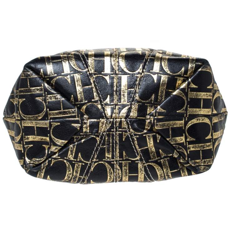 Pre Owned Carolina Herrera Black/Gold Monogram Leather Chain Shoulder Bag