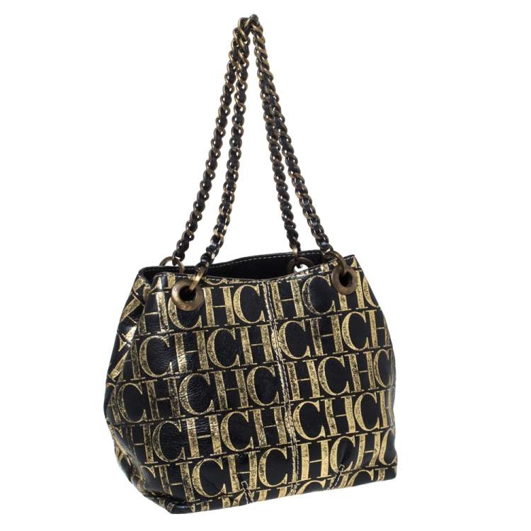 Pre Owned Carolina Herrera Black/Gold Monogram Leather Chain Shoulder Bag