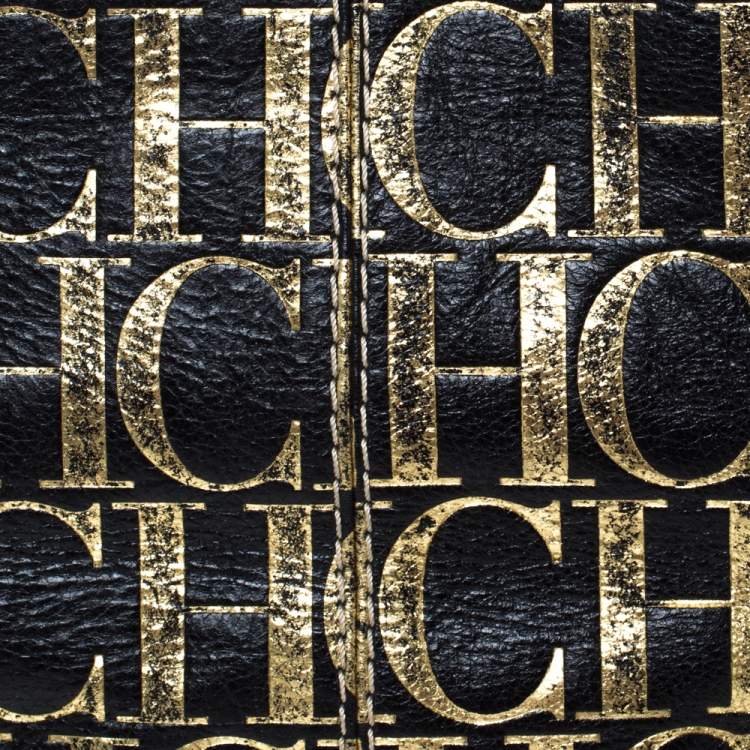 Pre Owned Carolina Herrera Black/Gold Monogram Leather Chain Shoulder Bag