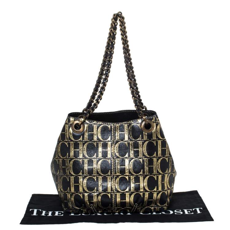 Pre Owned Carolina Herrera Black/Gold Monogram Leather Chain Shoulder Bag