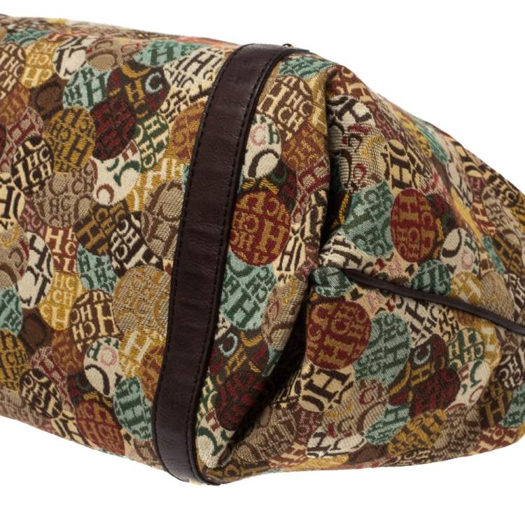 Pre Owned Carolina Herrera Multicolor Signature Print Fabric and Leather Hobo