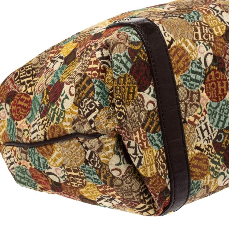 Pre Owned Carolina Herrera Multicolor Signature Print Fabric and Leather Hobo