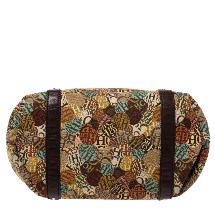Pre Owned Carolina Herrera Multicolor Signature Print Fabric and Leather Hobo