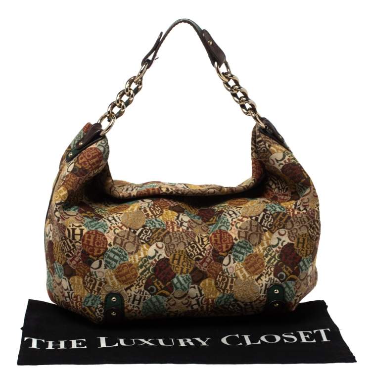 Pre Owned Carolina Herrera Multicolor Signature Print Fabric and Leather Hobo