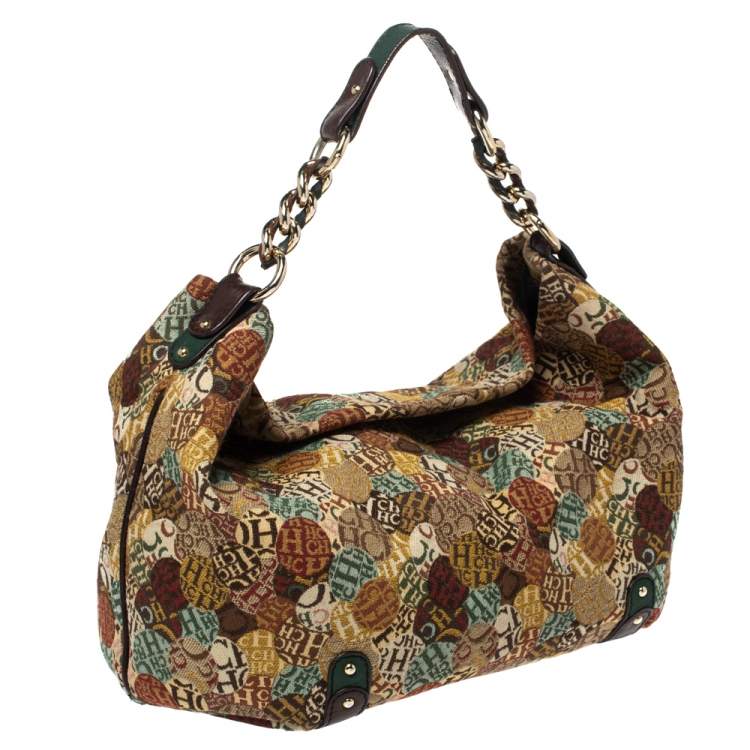 Pre Owned Carolina Herrera Multicolor Signature Print Fabric and Leather Hobo