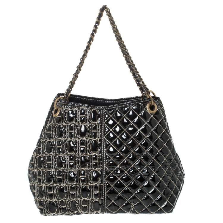 Pre Owned Carolina Herrera Black Monogram Patent Leather Shoulder Bag