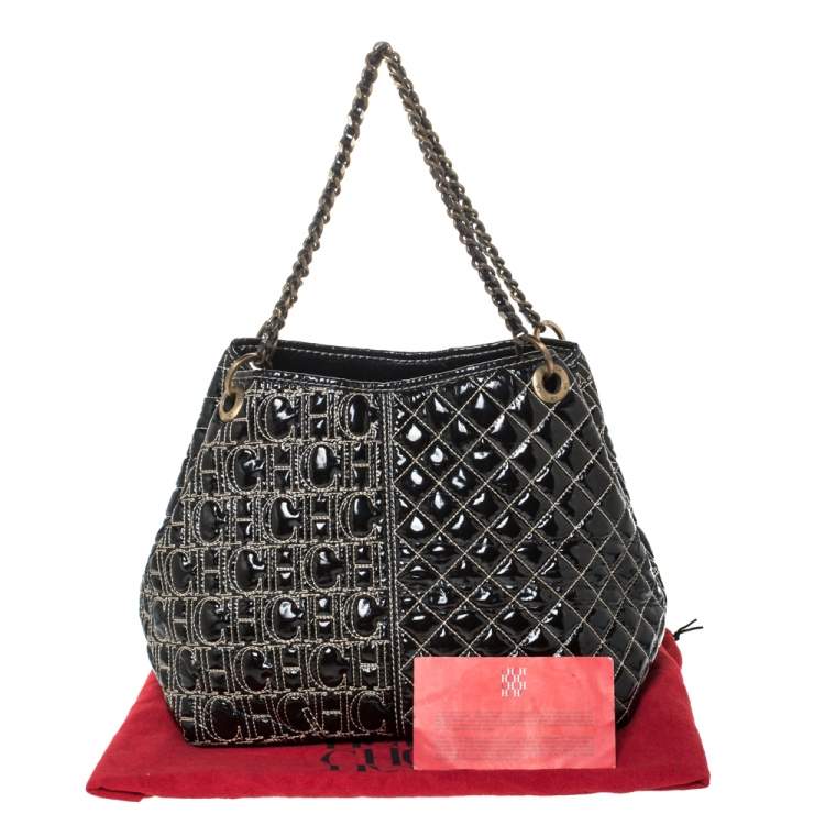 Pre Owned Carolina Herrera Black Monogram Patent Leather Shoulder Bag