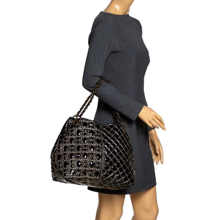 Pre Owned Carolina Herrera Black Monogram Patent Leather Shoulder Bag