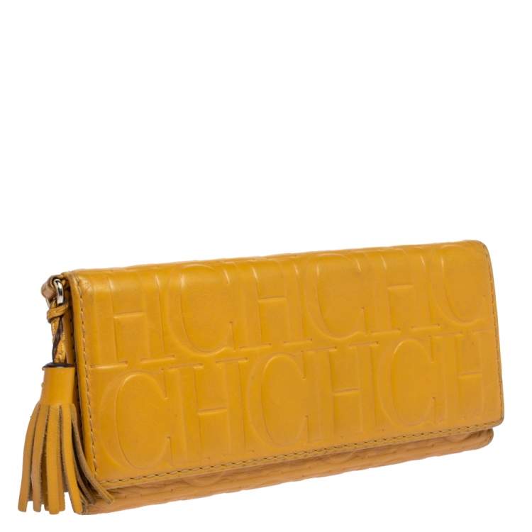 Pre Owned Carolina Herrera Yellow Monogram Leather Continental Wallet