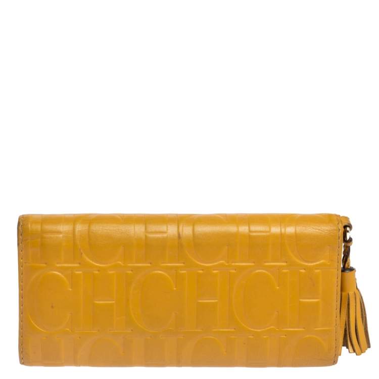 Pre Owned Carolina Herrera Yellow Monogram Leather Continental Wallet
