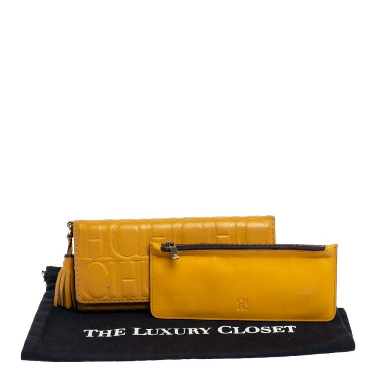 Pre Owned Carolina Herrera Yellow Monogram Leather Continental Wallet