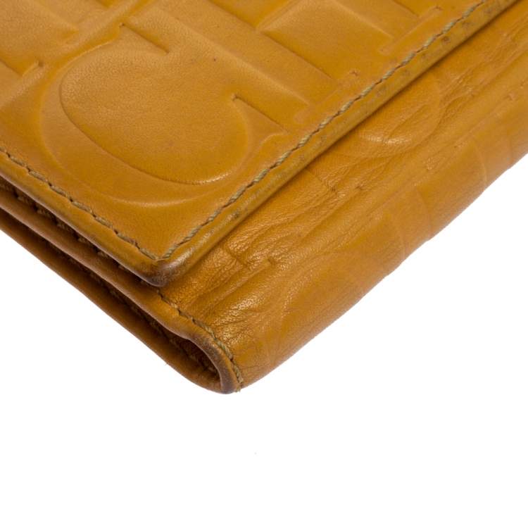 Pre Owned Carolina Herrera Yellow Monogram Leather Continental Wallet