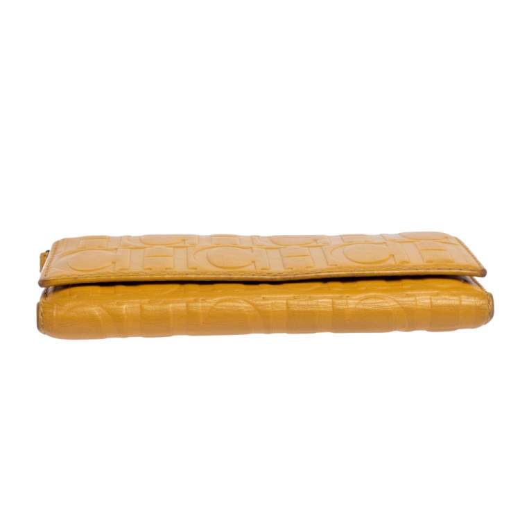 Pre Owned Carolina Herrera Yellow Monogram Leather Continental Wallet
