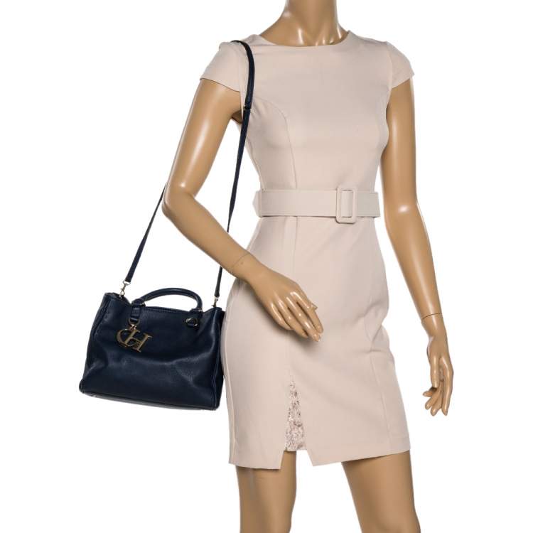 Pre Owned Carolina Herrera Navy Blue Leather Charm Tote