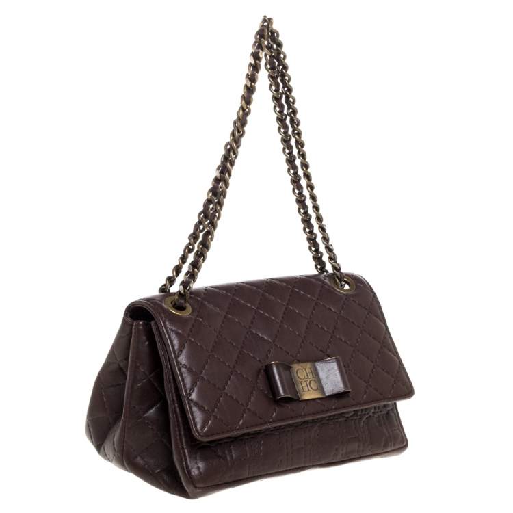Pre Owned CH Carolina Herrera Dark Brown Leather Bow Shoulder Bag