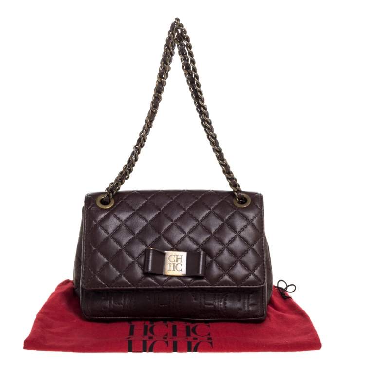 Pre Owned CH Carolina Herrera Dark Brown Leather Bow Shoulder Bag