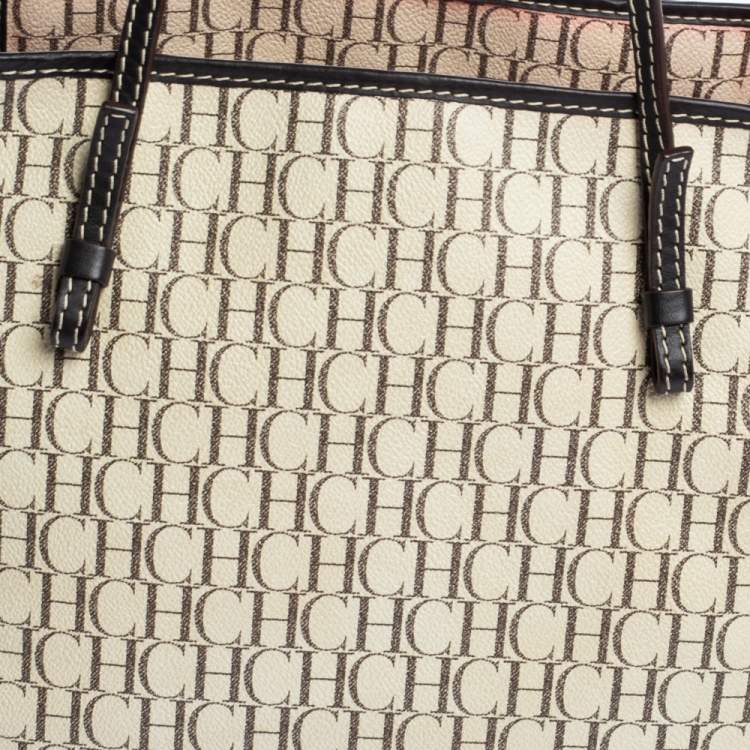 Pre Owned CH Carolina Herrera Beige/Brown Monogram PVC Shopper Tote