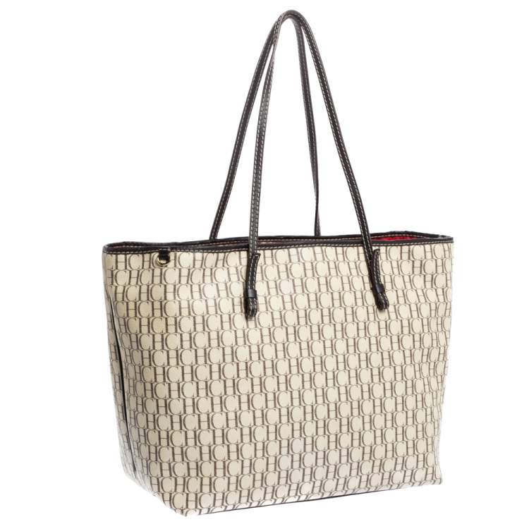 Pre Owned CH Carolina Herrera Beige/Brown Monogram PVC Shopper Tote