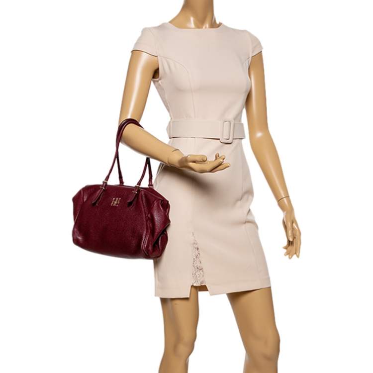 Pre Owned CH Carolina Herrera Burgundy Pebbled Leather Satchel