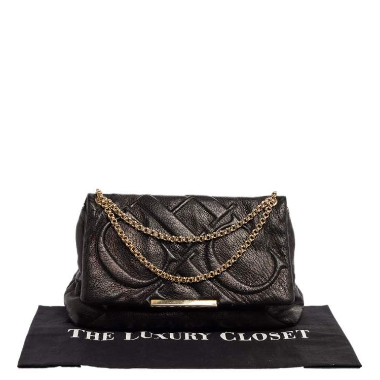 Pre Owned Carolina Herrera Black Embossed Leather Flap Chain Shoulder Bag