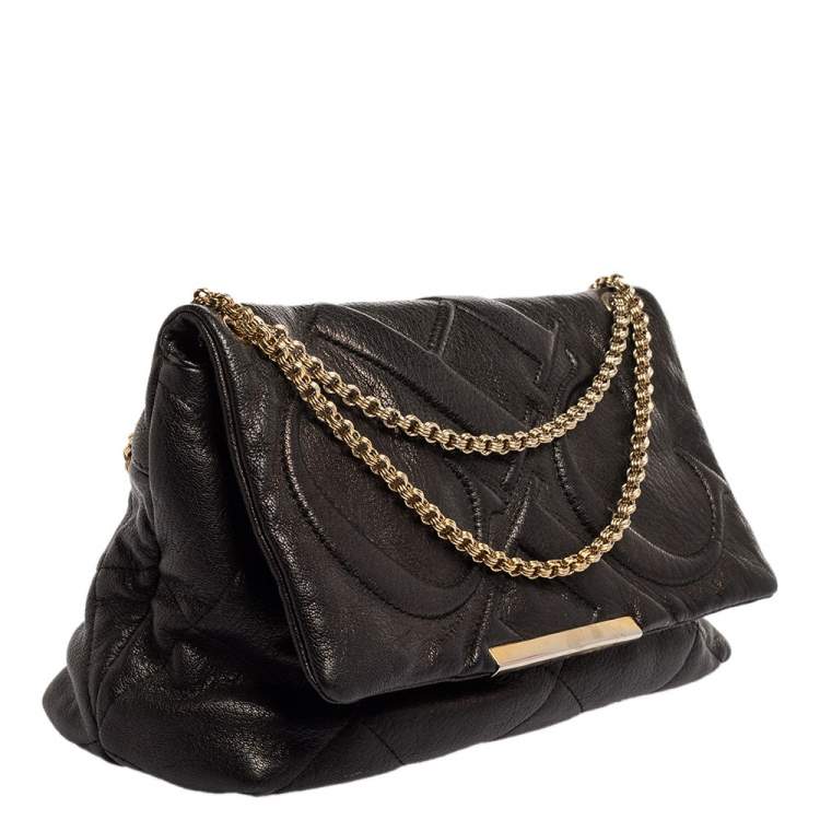 Pre Owned Carolina Herrera Black Embossed Leather Flap Chain Shoulder Bag