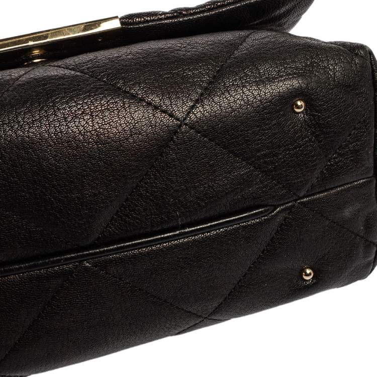 Pre Owned Carolina Herrera Black Embossed Leather Flap Chain Shoulder Bag