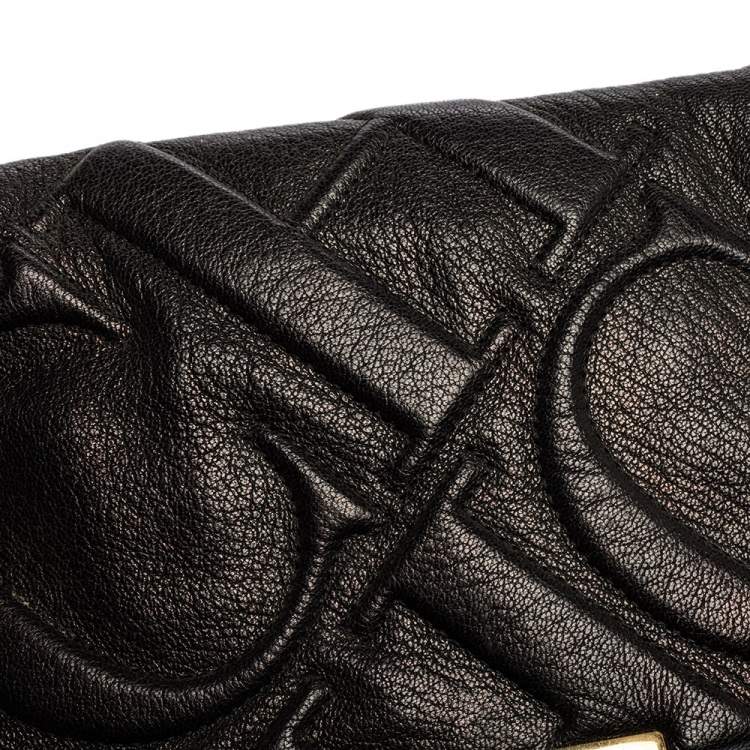 Pre Owned Carolina Herrera Black Embossed Leather Flap Chain Shoulder Bag