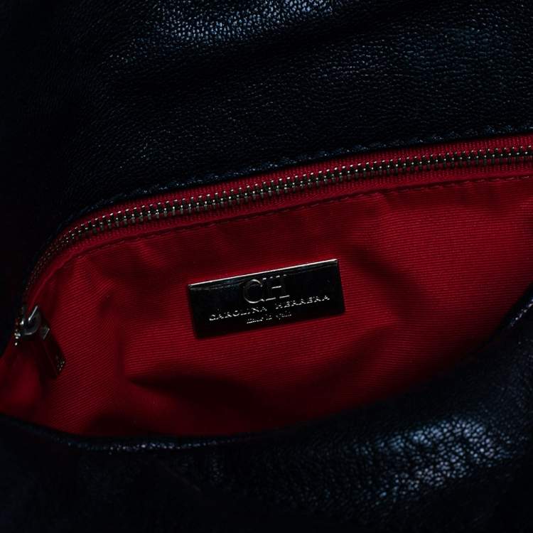 Pre Owned Carolina Herrera Black Embossed Leather Flap Chain Shoulder Bag