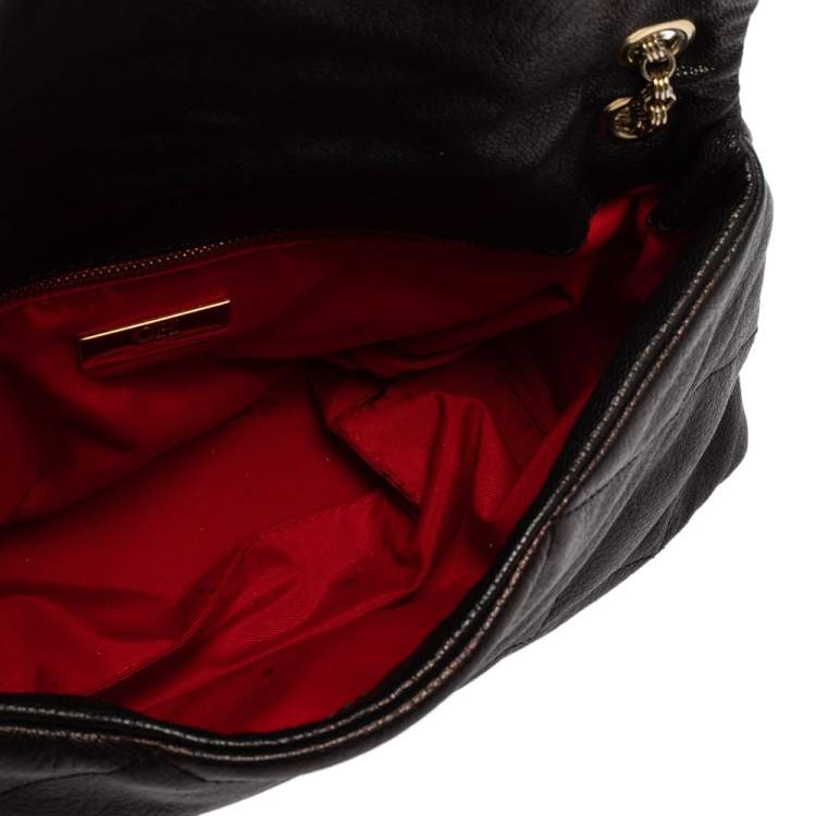 Pre Owned Carolina Herrera Black Embossed Leather Flap Chain Shoulder Bag