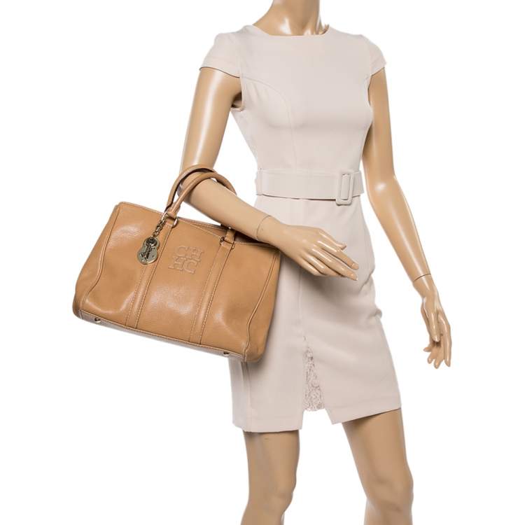Pre Owned Carolina Herrera Beige Pebbled Leather Medium Matteo Tote