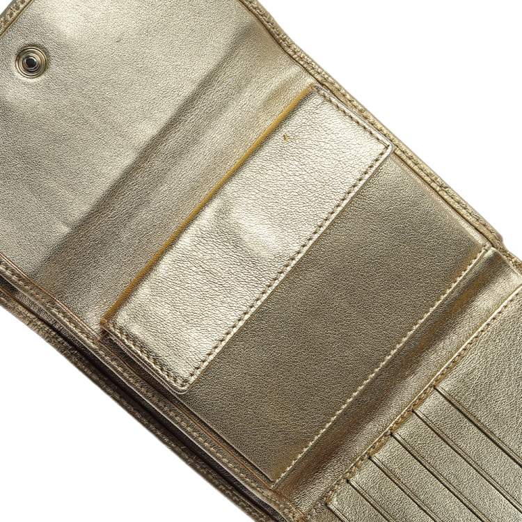 Pre Owned Carolina Herrera Metallic Gold Monogram Leather Trifold Wallet