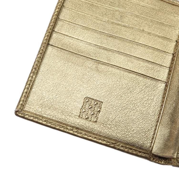 Pre Owned Carolina Herrera Metallic Gold Monogram Leather Trifold Wallet