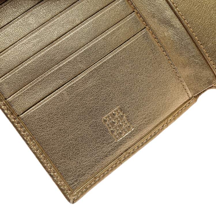 Pre Owned Carolina Herrera Metallic Gold Monogram Leather Trifold Wallet