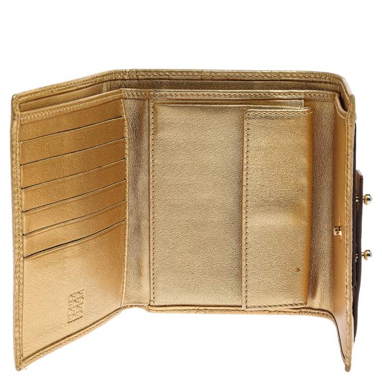 Pre Owned Carolina Herrera Metallic Gold Monogram Leather Trifold Wallet
