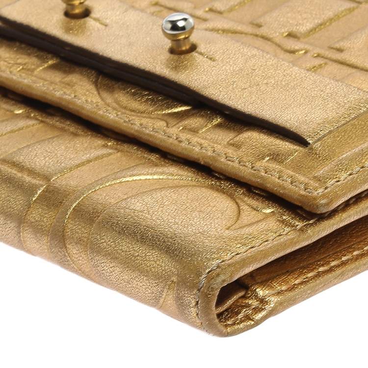Pre Owned Carolina Herrera Metallic Gold Monogram Leather Trifold Wallet