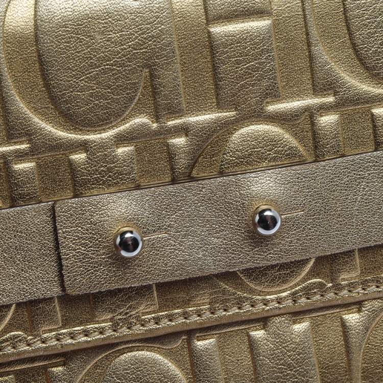 Pre Owned Carolina Herrera Metallic Gold Monogram Leather Trifold Wallet