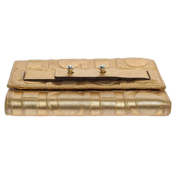 Pre Owned Carolina Herrera Metallic Gold Monogram Leather Trifold Wallet